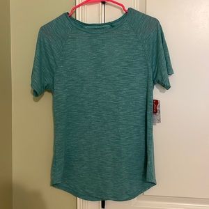 blue green heather t-shirt with open back